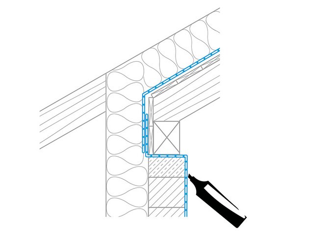 Traufdetail der Aufdachdämmung mit luftdichtem Anschluss an das nächste Bauteil.